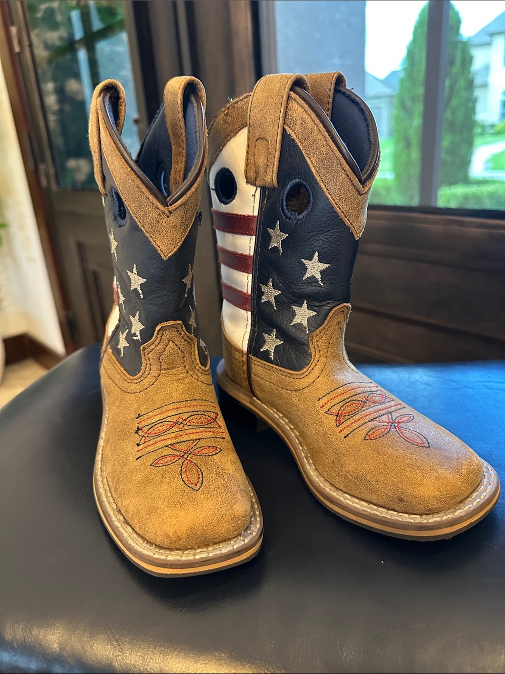 Kids American Flag Cowboy Boots - Tan & Navy